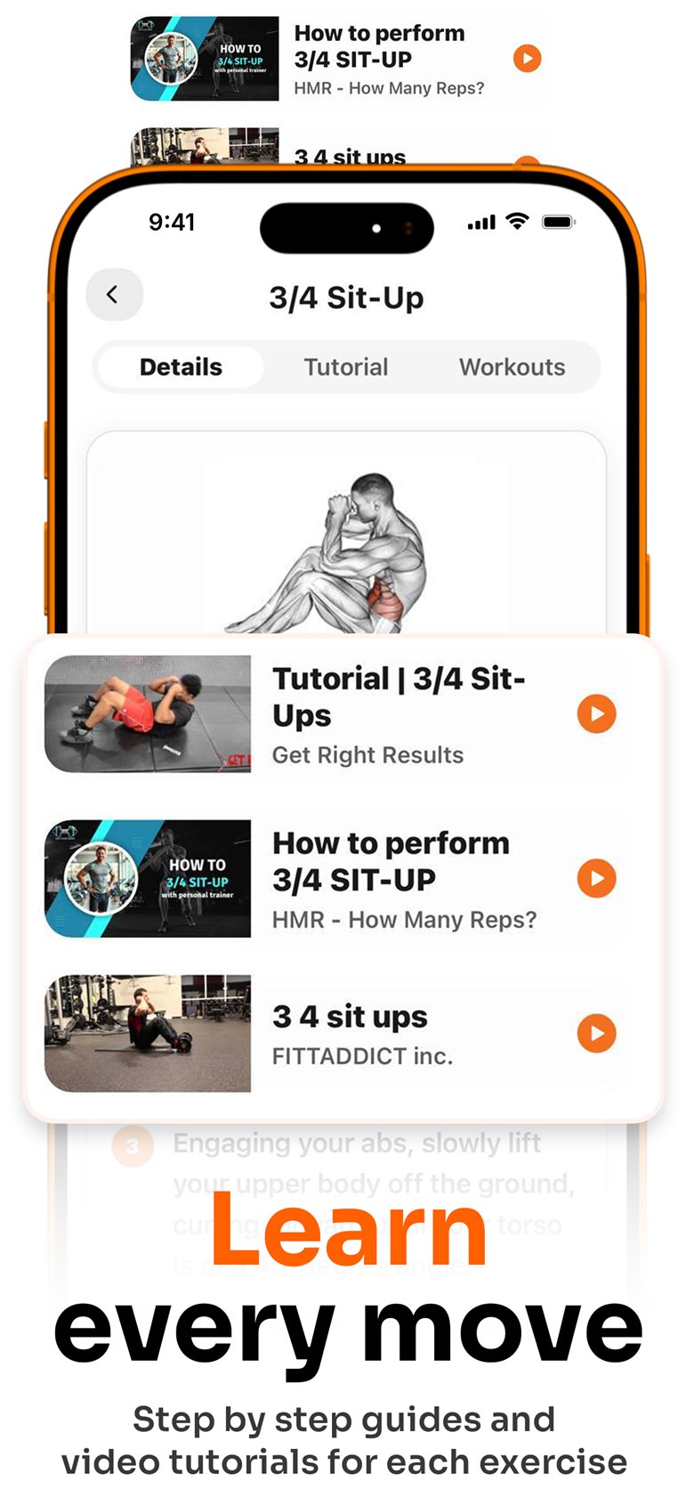 Agile Athletes exercise screen with an anatomy preview and video tutorials, headed &lsquo;Learn every move&rsquo;