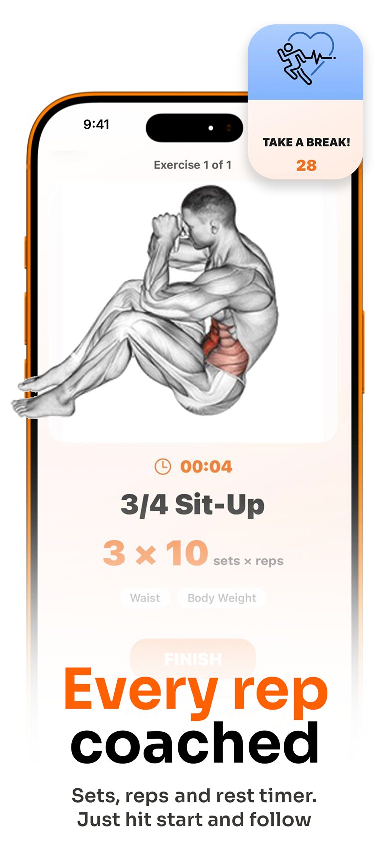 Guided workout showing sets, reps and a rest timer, headed &lsquo;Every rep coached&rsquo;