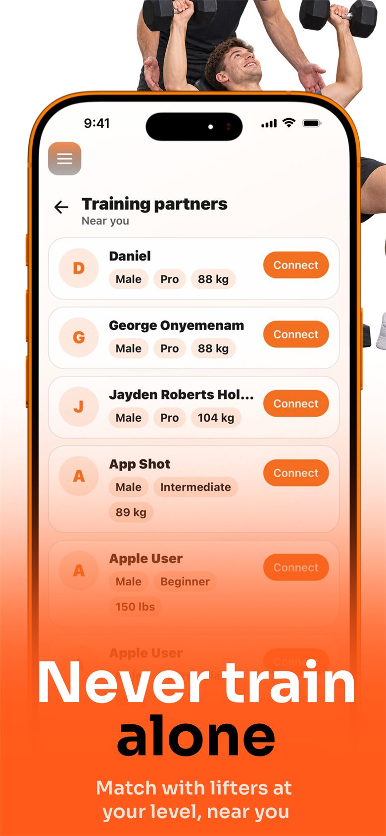 Training partners near you with connect buttons, headed &lsquo;Never train alone&rsquo;