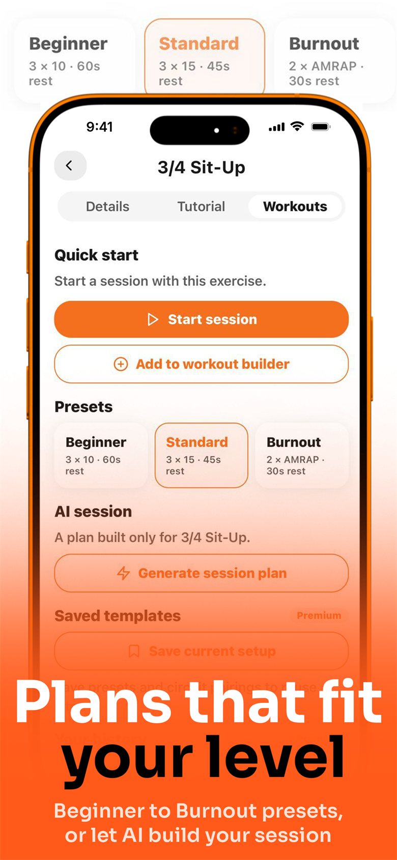 Workout presets for Beginner, Standard and Burnout, headed &lsquo;Plans that fit your level&rsquo;