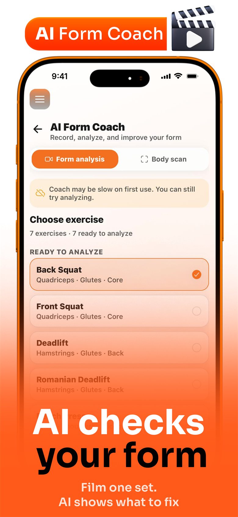 AI Form Coach (Premium) exercise picker, headed &lsquo;AI checks your form&rsquo;